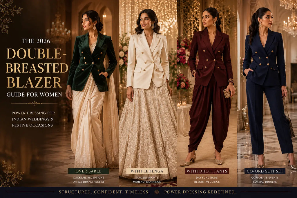 Four women wearing luxury double-breasted blazers styled with saree, lehenga, dhoti pants and co-ord suit showcasing Indo-Western power dressing trends for Indian weddings in 2026