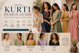 2026 modern kurti design guide banner featuring different neckline styles, artisan embroidery, pastel ethnic kurtis, and diverse female fashion models by Shree Shivam
