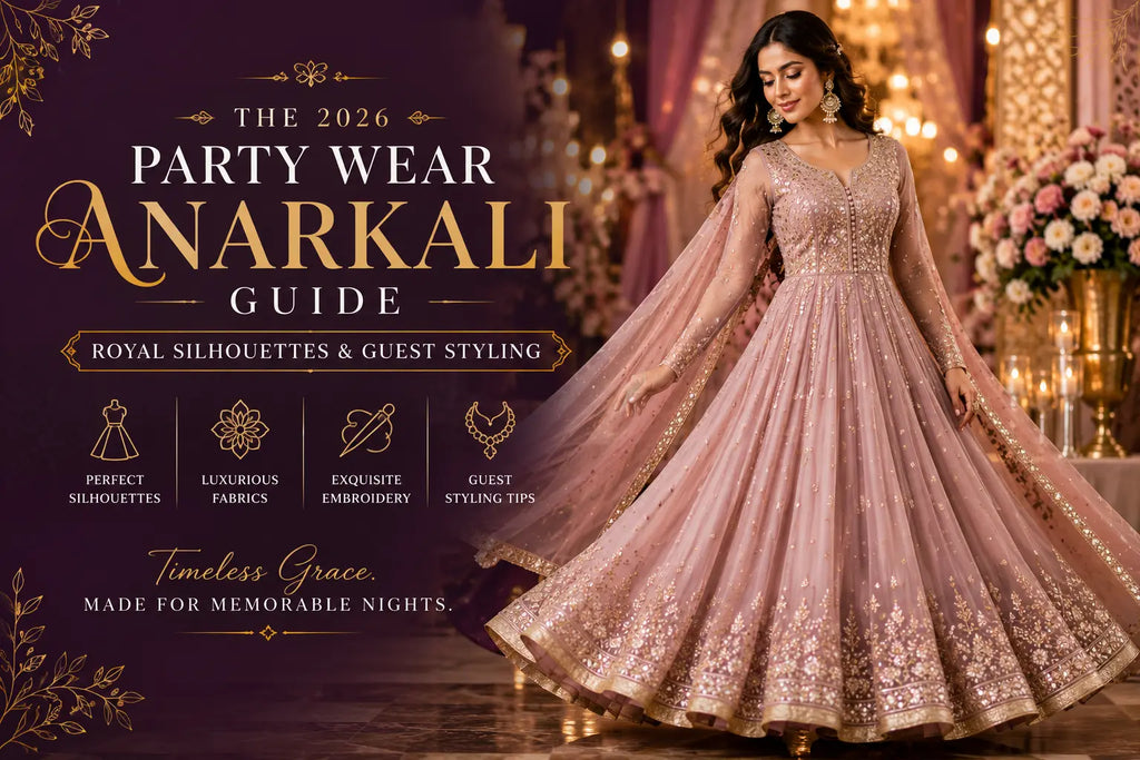 Elegant party wear Anarkali suit for women in 2026 featuring royal georgette flare and modern wedding guest styling for festive Indian celebrations.
