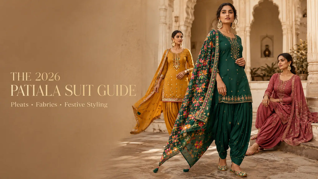Three Indian women wearing festive Patiala suits with pleated drapes, embroidered kurtis, phulkari dupatta, and ethnic accessories in a luxury haveli courtyard.