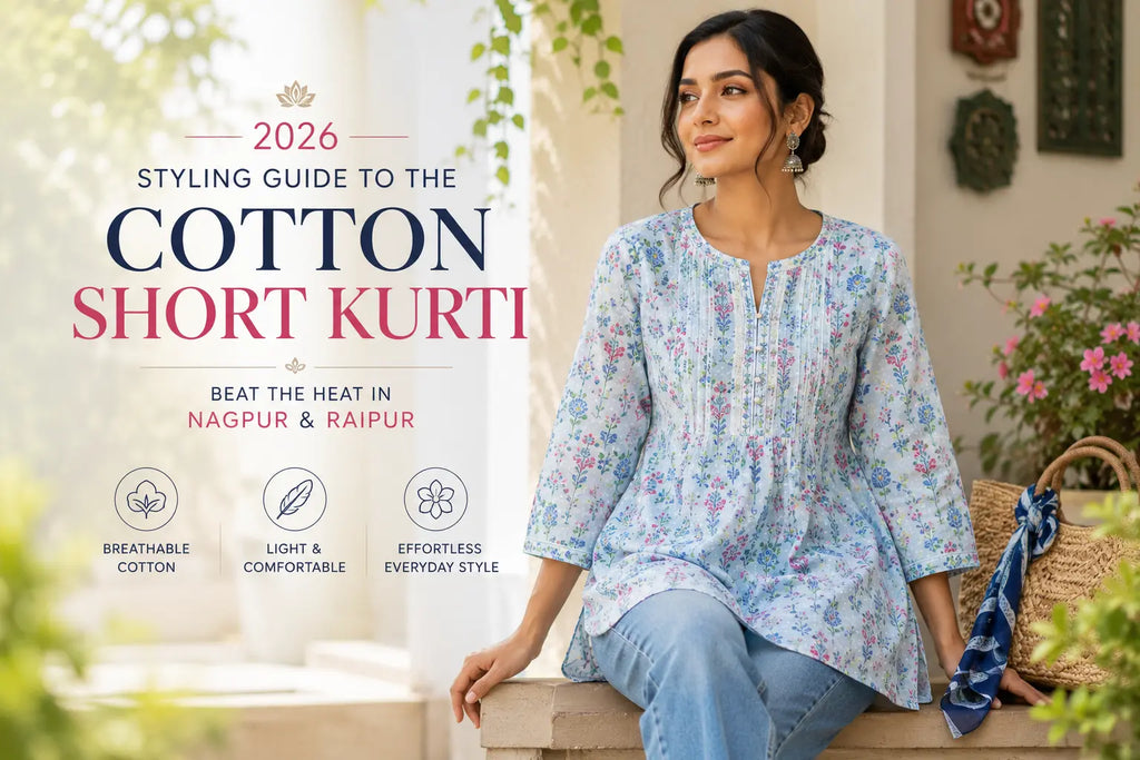 2026 styling guide banner featuring a woman wearing a lightweight cotton short kurti, representing breathable summer ethnic wear for women in Nagpur and Raipur, highlighting comfortable everyday fashion by Shree Shivam