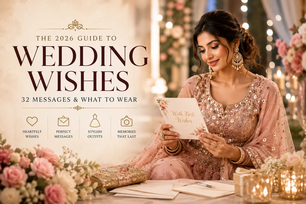 Elegant Indian wedding guest fashion banner featuring festive ethnic outfits, pastel lehenga styling, saree drapes, and modern Indo-Western wedding looks for 2026 celebrations.