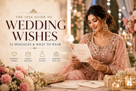 Elegant Indian wedding guest fashion banner featuring festive ethnic outfits, pastel lehenga styling, saree drapes, and modern Indo-Western wedding looks for 2026 celebrations.