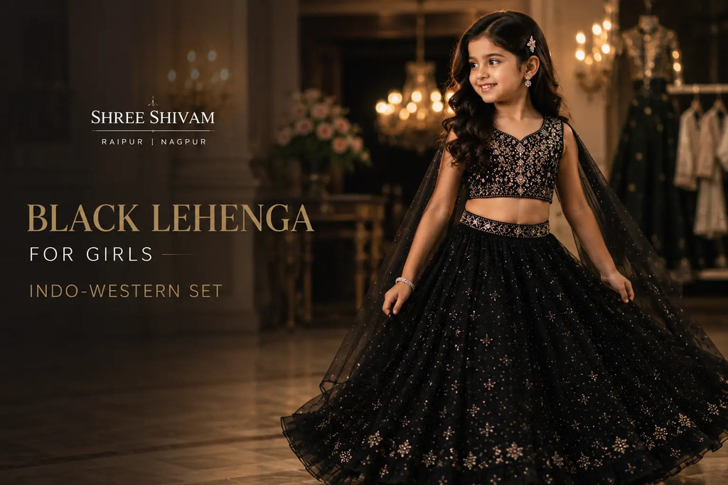 Young girl wearing a black Indo-Western lehenga with elegant embroidery, posing in a luxurious wedding venue for festive party wear styling inspiration.