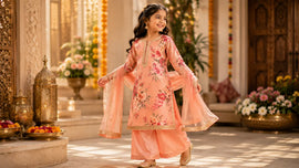 Young girl wearing elegant festive kurta set, smiling during indoor cultural celebration, kids ethnic wear for wedding and contest 2026
