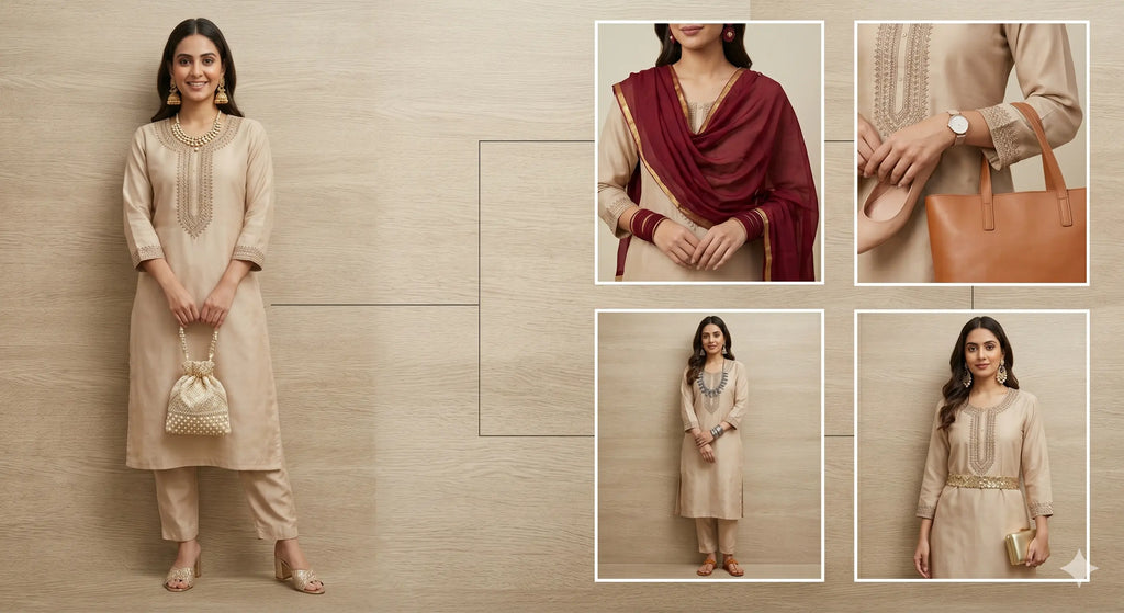 5 elegant ways to style the Shree Shivam Beige Kurti Set with Kardana Work, including a contrast dupatta look and an evening glam look.