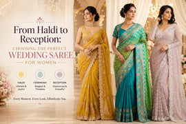 Wedding sarees for women featuring designer organza, silk and Banarasi styles for Haldi, Sangeet and Reception at Shree Shivam in Raipur and Nagpur.