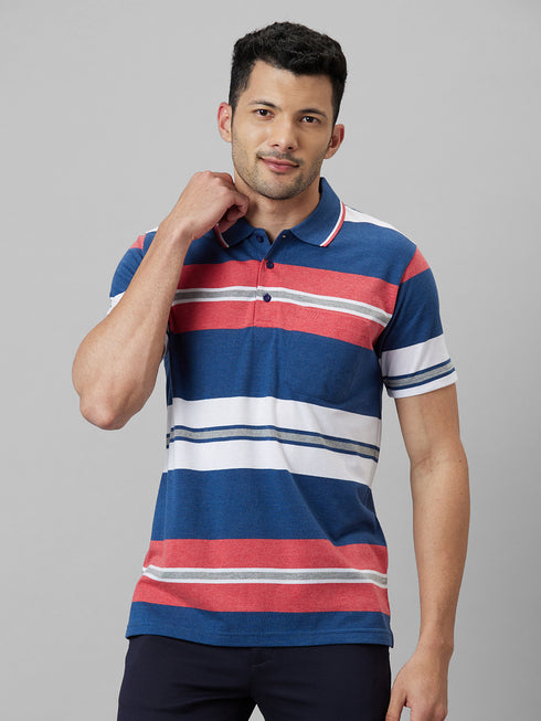 Mens Multicolor Striped Formal T-Shirt With Half Sleeves And Spread Collar