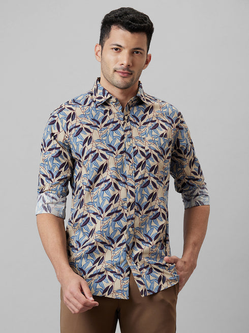 Men Grey Leaf Printed Casual Shirt Full Sleeves With Spread Collar