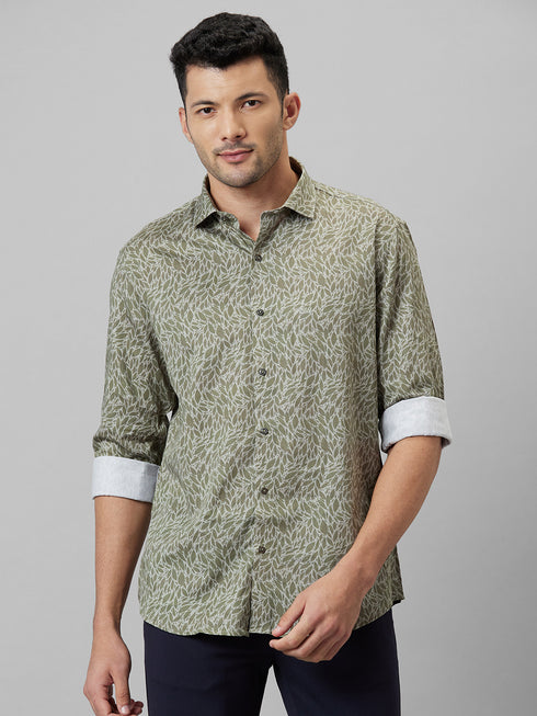 Mens Olive Printed Casual Shirt Full Sleeve With Spread Collar