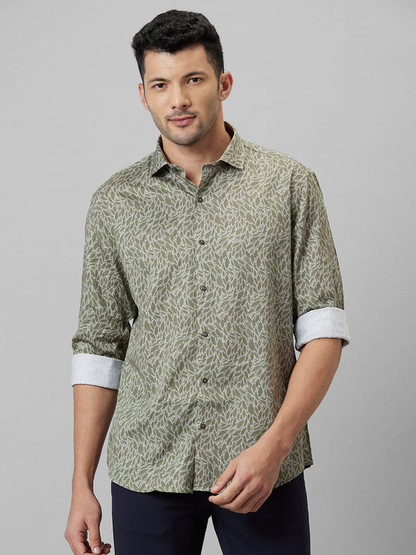 Mens Olive Printed Casual Shirt Full Sleeve With Spread Collar