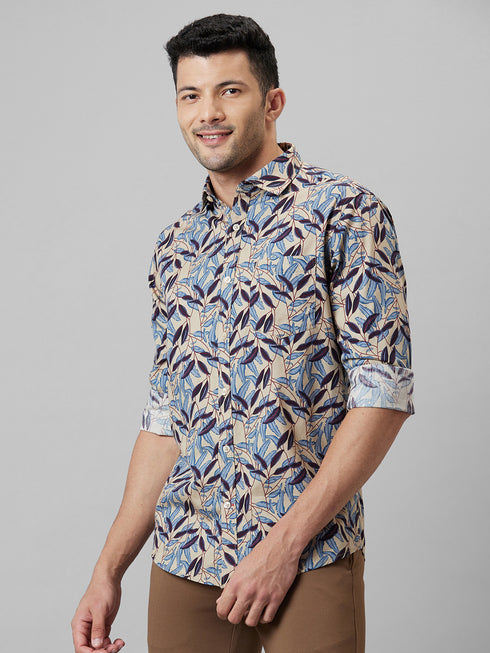 Men Grey Leaf Printed Casual Shirt Full Sleeves With Spread Collar