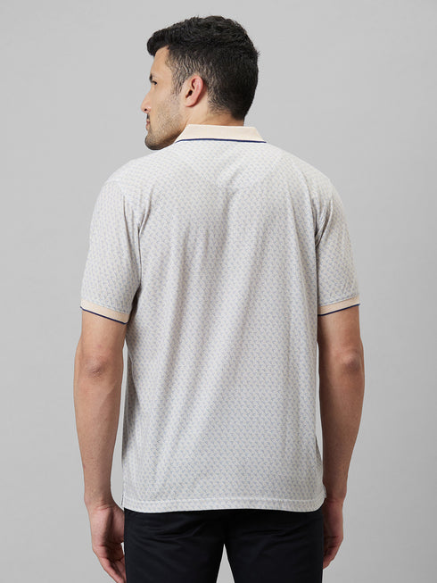 Mens Cream Printed T-Shirt With Half Sleeves And Spread Collar