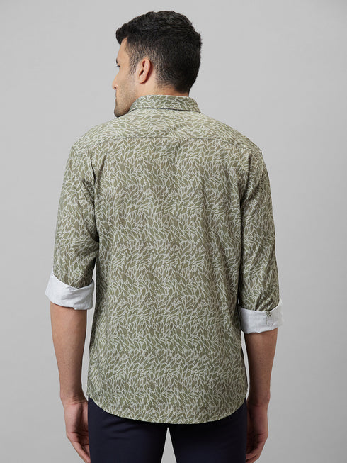 Mens Olive Printed Casual Shirt Full Sleeve With Spread Collar