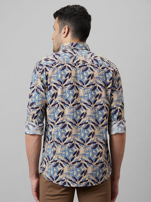 Men Grey Leaf Printed Casual Shirt Full Sleeves With Spread Collar