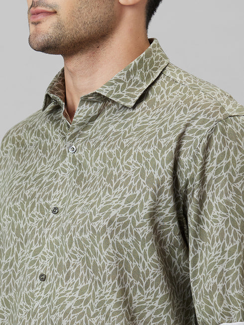 Mens Olive Printed Casual Shirt Full Sleeve With Spread Collar