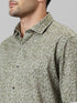 Mens Olive Printed Casual Shirt Full Sleeve With Spread Collar