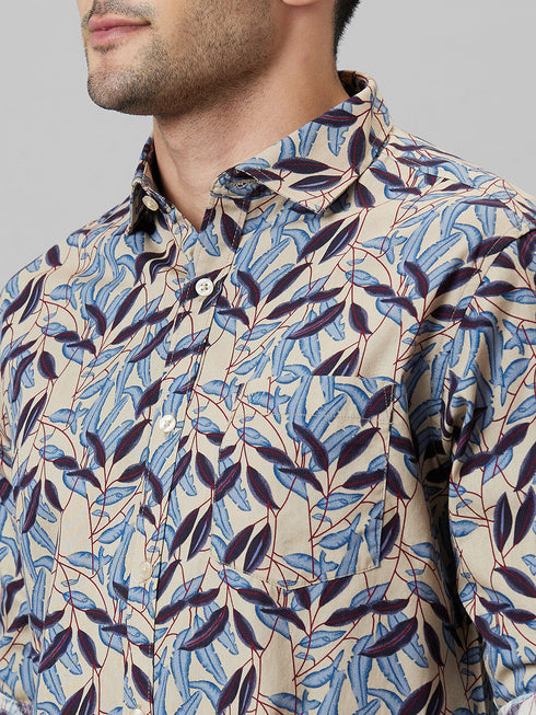 Men Grey Leaf Printed Casual Shirt Full Sleeves With Spread Collar