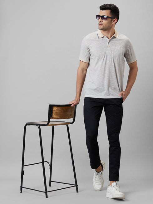 Mens Cream Printed T-Shirt With Half Sleeves And Spread Collar