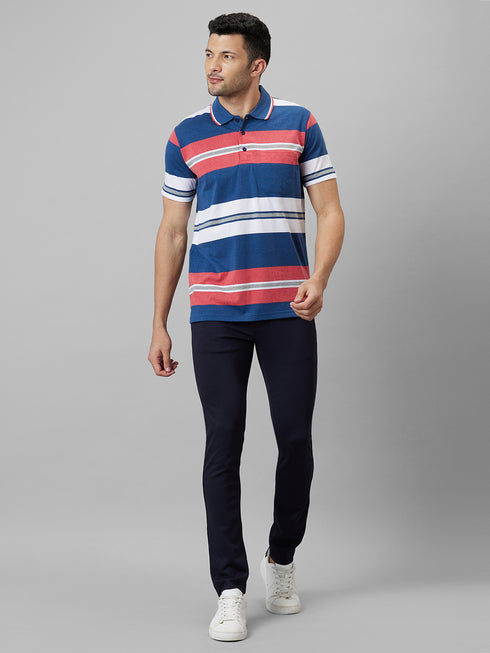 Mens Multicolor Striped Formal T-Shirt With Half Sleeves And Spread Collar