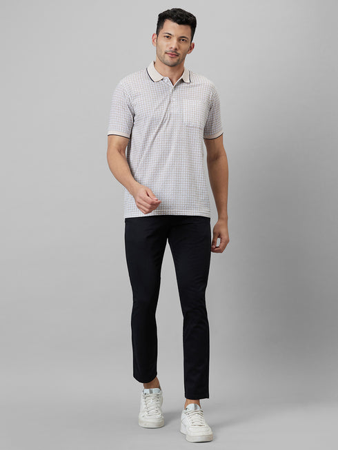 Mens Cream Printed Casual T-Shirt With Half Sleeves And Spread Collar