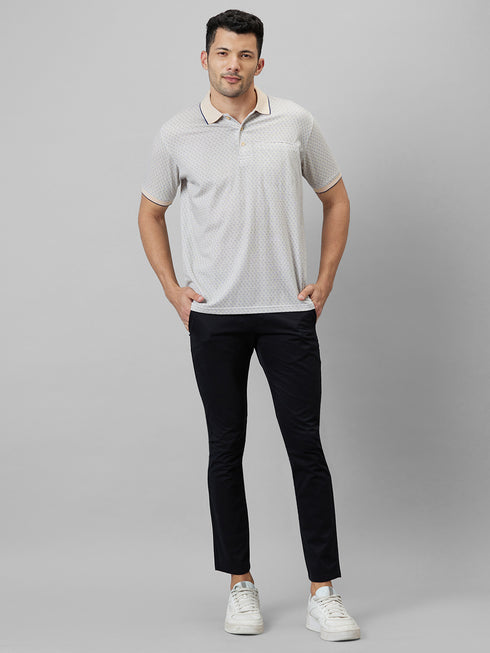 Mens Cream Printed T-Shirt With Half Sleeves And Spread Collar