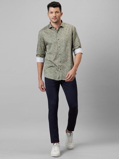 Mens Olive Printed Casual Shirt Full Sleeve With Spread Collar