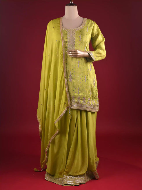 Mehndi Kurti Sharara Set with Machine and Dori Work