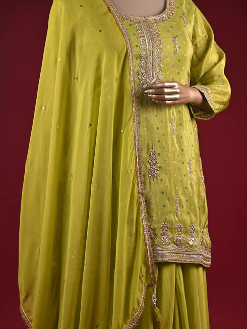 Mehndi Kurti Sharara Set with Machine and Dori Work