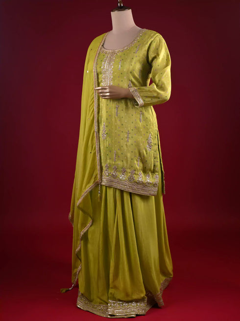 Mehndi Kurti Sharara Set with Machine and Dori Work