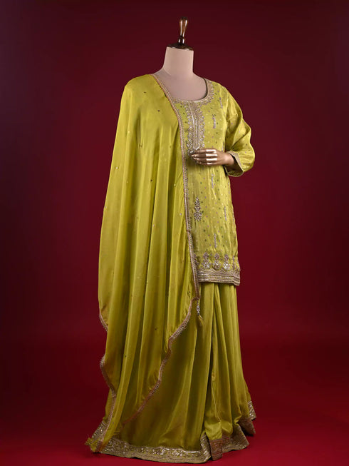 Mehndi Kurti Sharara Set with Machine and Dori Work