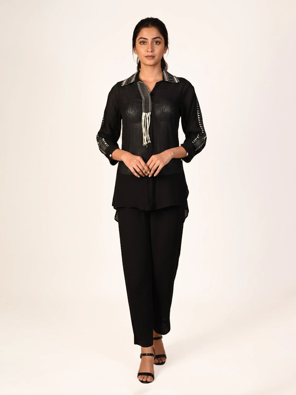 black embroidered co-ord set for women with shirt style top and straight pants elegant ethnic wear
