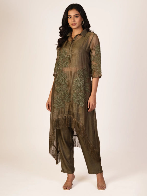 green embroidered co-ord set for women with sheer long top and straight pants elegant ethnic wear