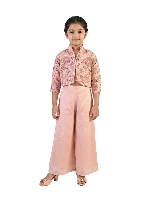 peach printed co ord set for girls with jacket and pants satin silk ethnic party wear kids outfit