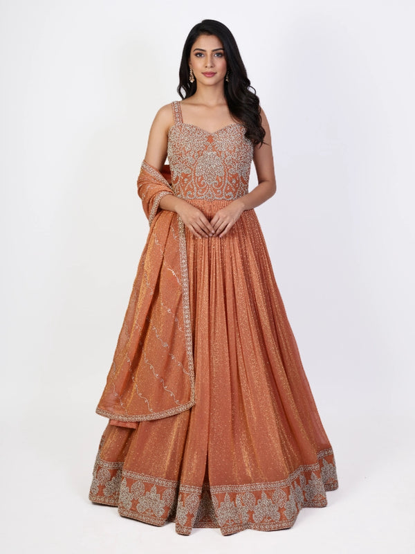 rust embroidered lehenga choli for women with dupatta and heavy festive design wedding wear