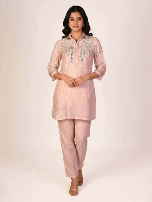 cream embellished co-ord set for women with kurta style top and straight pants elegant ethnic wear