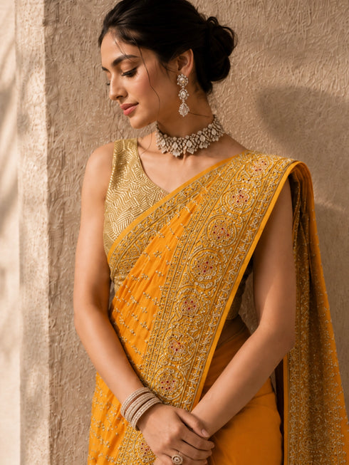 Mustard Yellow Hand Embroidered Designer Saree