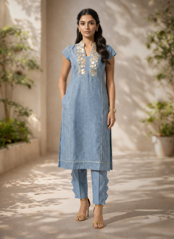 Blue Embellished Kurti with Pants for Women – Linen Blend Ethnic Wear