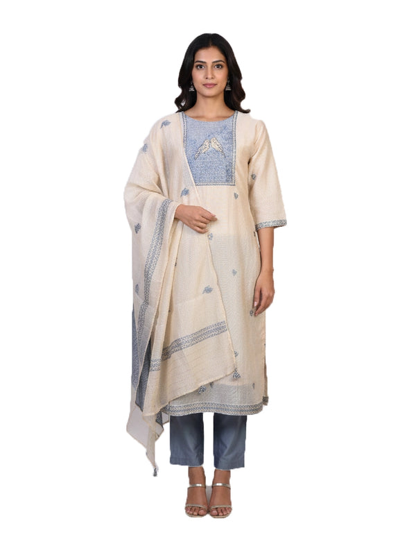 cream multi embroidered kurti set for women with contrast dupatta and straight pants elegant ethnic wear