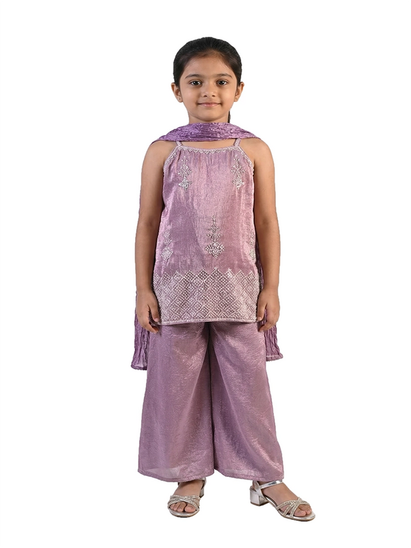 purple embroidered co ord set for girls with dupatta and pants organza silk festive kids outfit