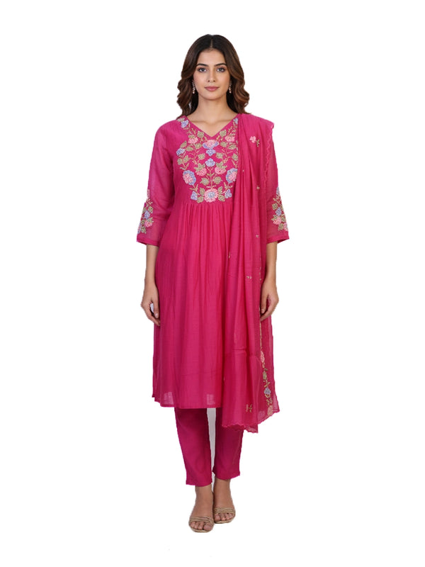rani pink embroidered kurti set for women with dupatta and straight pants festive ethnic wear