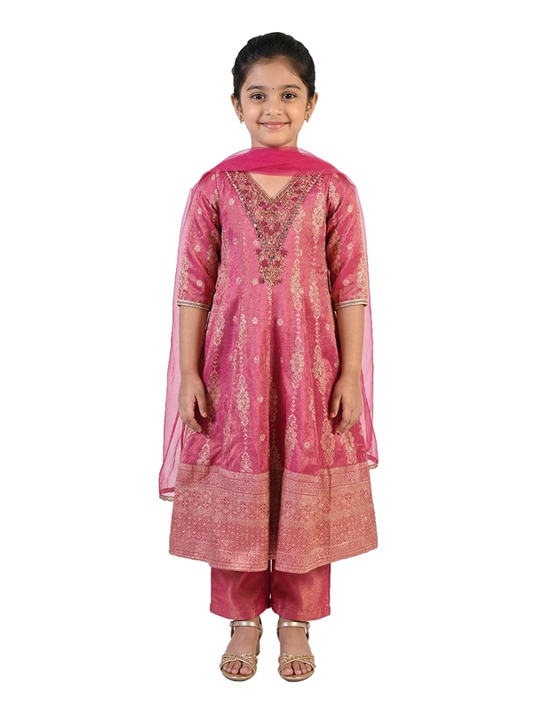 rani banarasi silk kurti set for girls with dupatta and pants embroidered festive kids outfit