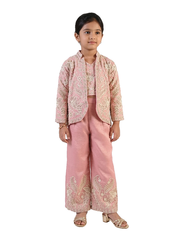 pink embroidered co ord set for girls with jacket and pants satin crepe party wear kids outfit