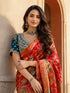 Red Floral Woven Silk Saree with Teal Embroidered Blouse