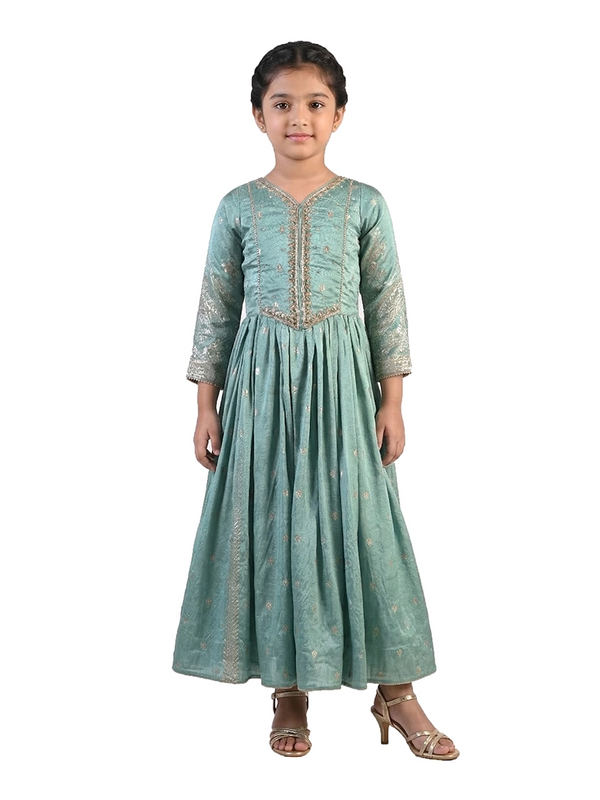 sky blue embroidered ethnic gown for girls in chanderi silk festive kids dress