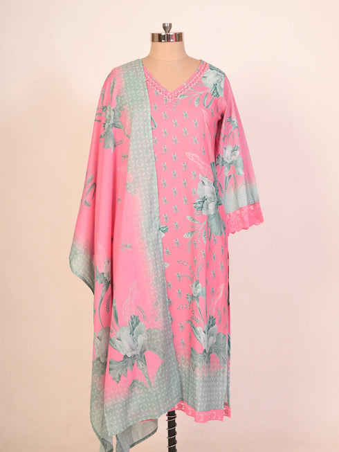 Cotton Kurti set with Glass & Pearl Work