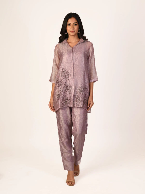 purple printed co-ord set for women with shirt style top and straight pants casual ethnic wear