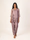 purple printed co-ord set for women with shirt style top and straight pants casual ethnic wear