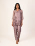 purple printed co-ord set for women with shirt style top and straight pants casual ethnic wear