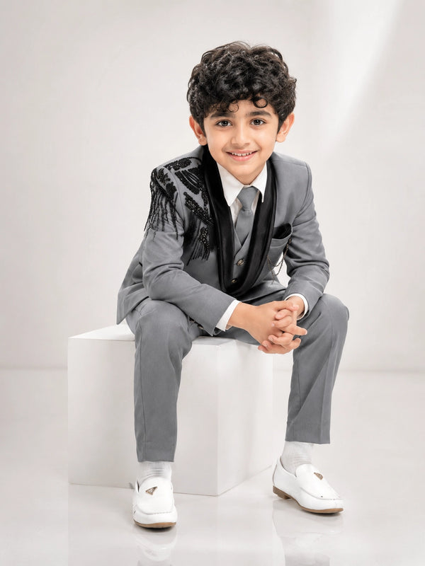 Boys Grey 3-Piece Formal Suit with Black Embellished Blazer
